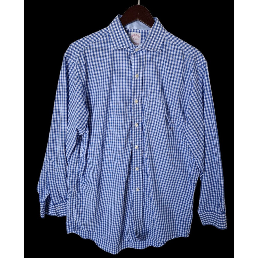 Brooks Brothers Men’s 16-33 Non-iron Dress Shirt Blue White Gingham Check Supima
